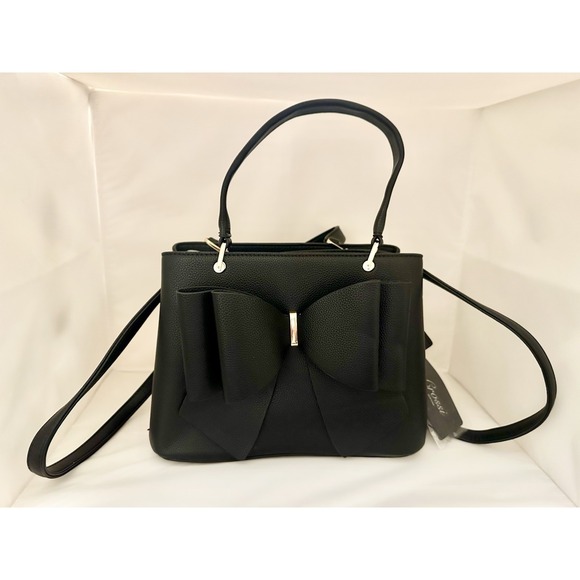 Crossi Handbags - Crossi Black Faux Leather Satchel Double Bow Accent Gold Hardware Inner Pockets